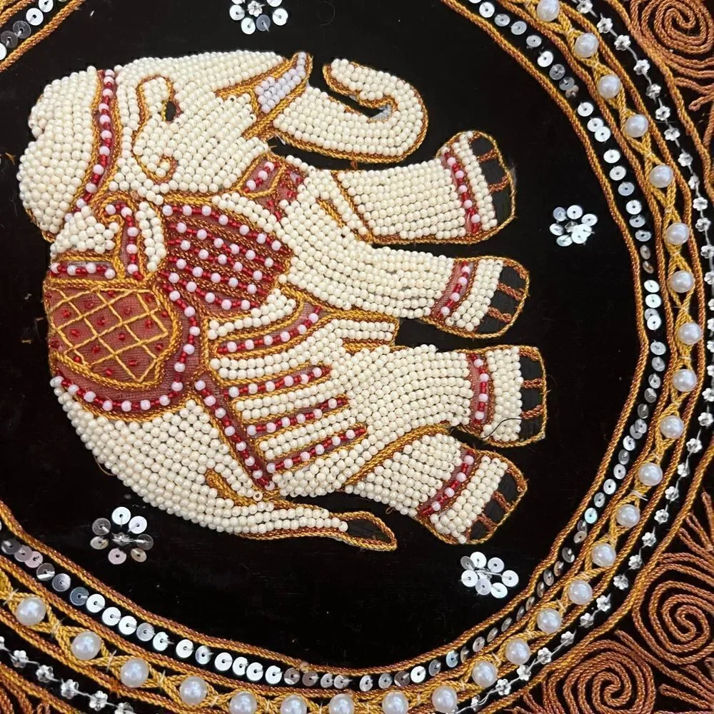 Pillow case Cover Thai Burmese Embroidered Elephant Vintage Bead Sequin (Black)